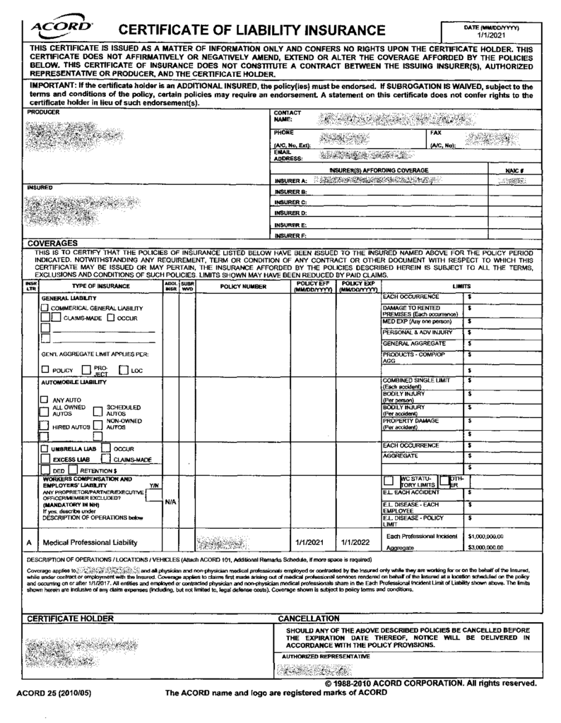 certificate of liability insurance template